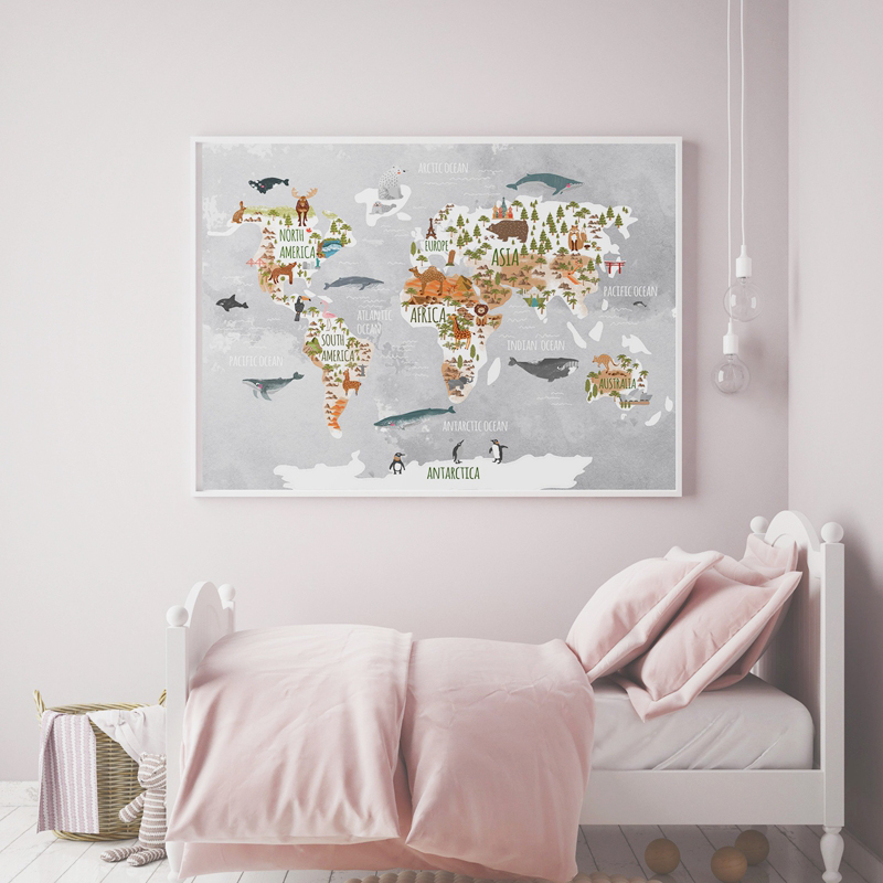 Woodland Animal World Map Poster Art Prints Nursery Watercolor With Animals Canvas Painting Kids Room Wall - 3