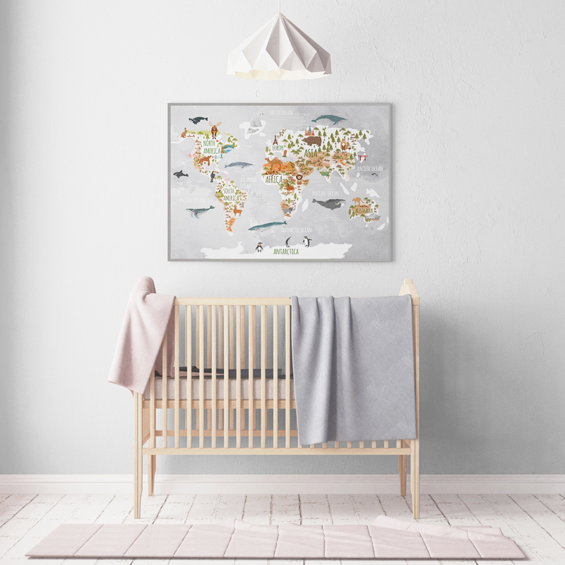 Woodland Animal World Map Poster Art Prints Nursery Watercolor With Animals Canvas Painting Kids Room Wall - 4