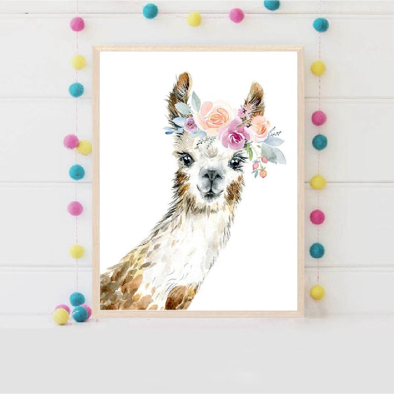 Llama Print Alpaca Wall Art Girl Nursery Decorative Floral Crown Animal Canvas Painting Watercolor Picture - 3