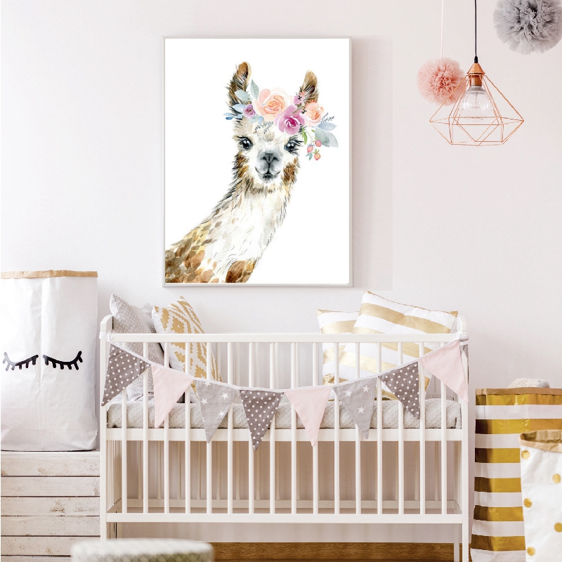 Llama Print Alpaca Wall Art Girl Nursery Decorative Floral Crown Animal Canvas Painting Watercolor Picture - 4