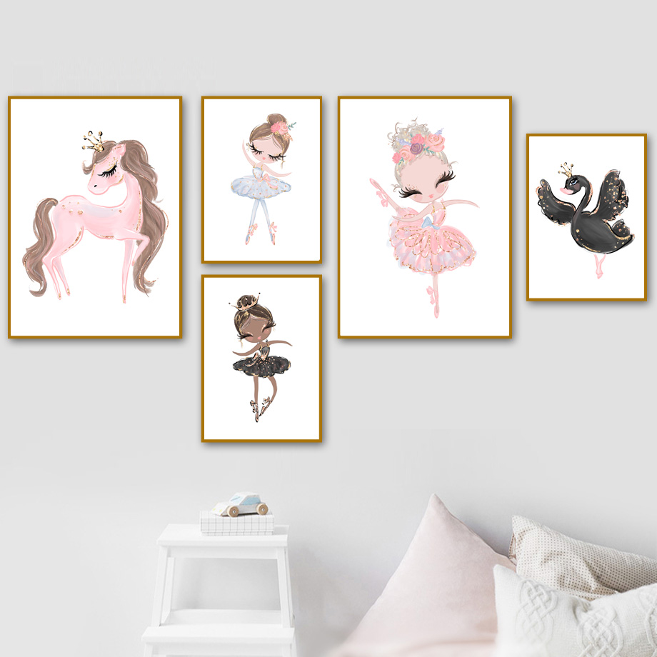 Watercolor Pink Unicorn Swan Girl Crown Flower Nordic Posters And Prints Wall Art Canvas Painting Pictures Kids Room - 3