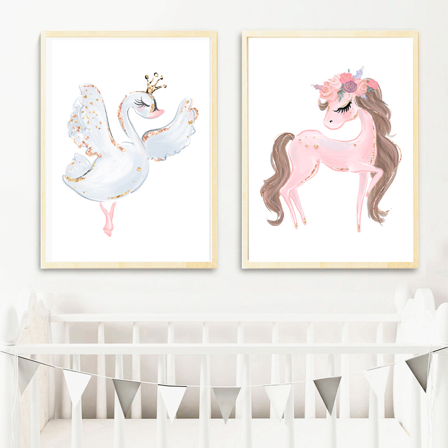 Watercolor Pink Unicorn Swan Girl Crown Flower Nordic Posters And Prints Wall Art Canvas Painting Pictures Kids Room - 4