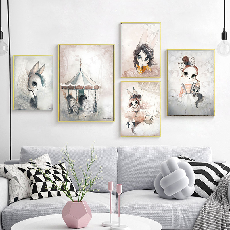 Home Nordic Canvas Painting Wall Art Rabbit Girl Animal Abstract Watercolor Print Kid Bedroom Living Room Poster Picture - 3