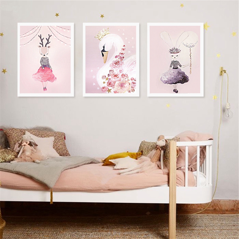 Watercolor Pink Unicorn Deer Rabbit Swan Canvas Art Prints Girls Room Nordic Cartoon Animals Painting Wall Pictures - 2