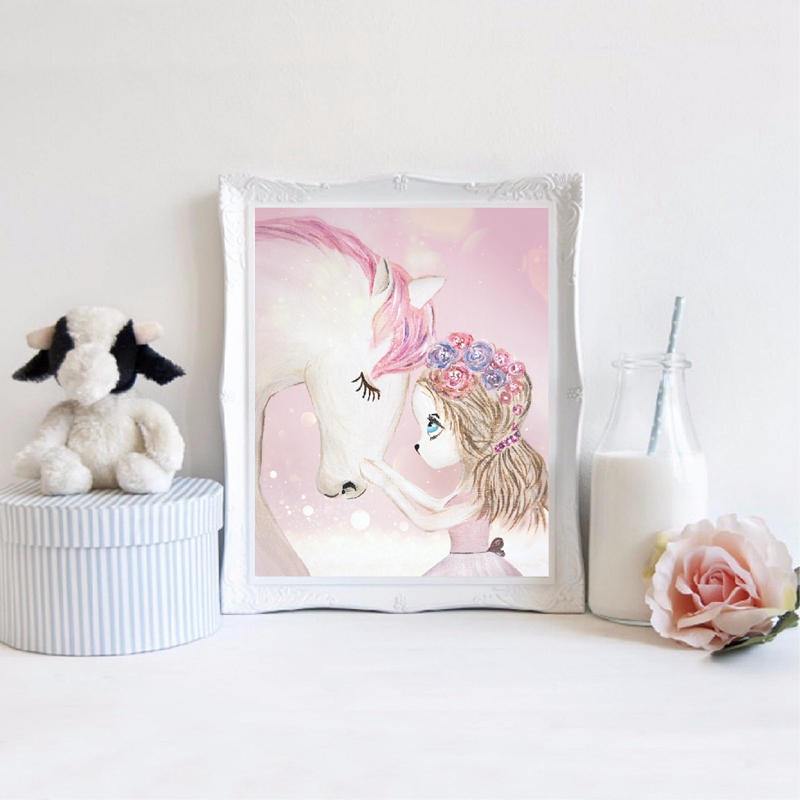 Watercolor Pink Unicorn Deer Rabbit Swan Canvas Art Prints Girls Room Nordic Cartoon Animals Painting Wall Pictures - 3