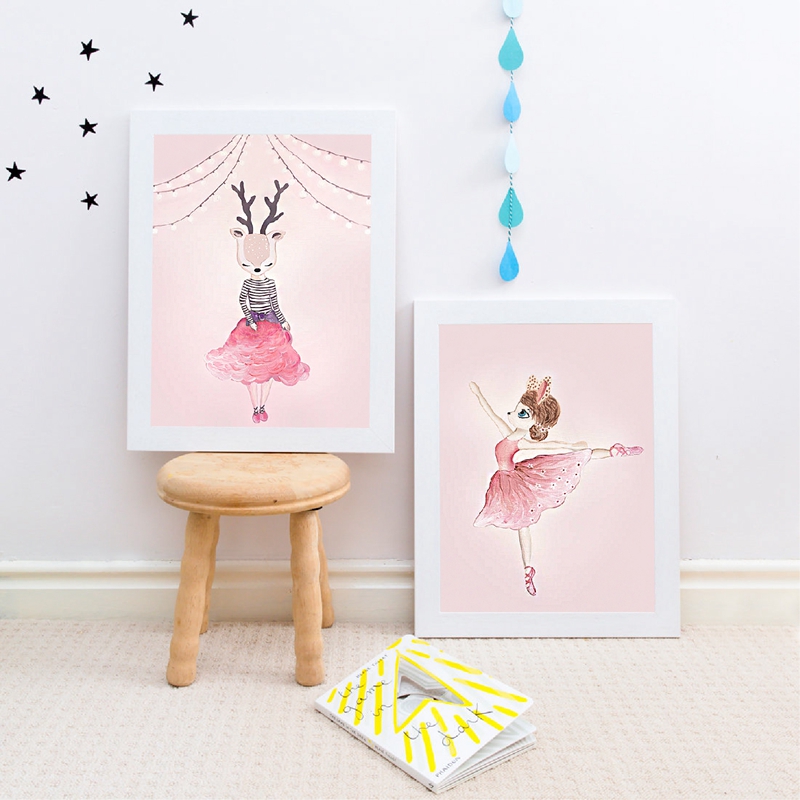 Watercolor Pink Unicorn Deer Rabbit Swan Canvas Art Prints Girls Room Nordic Cartoon Animals Painting Wall Pictures - 4