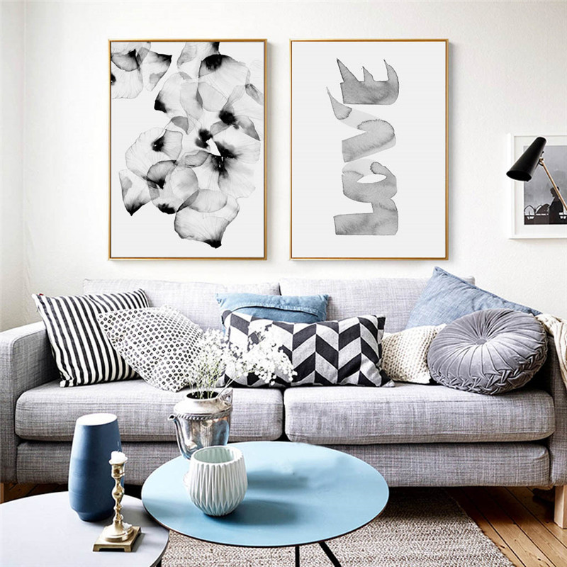 Decoracion Watercolor Love Black And White Abstract Flower Posters Wall Art Prints Canvas Unframed - 2