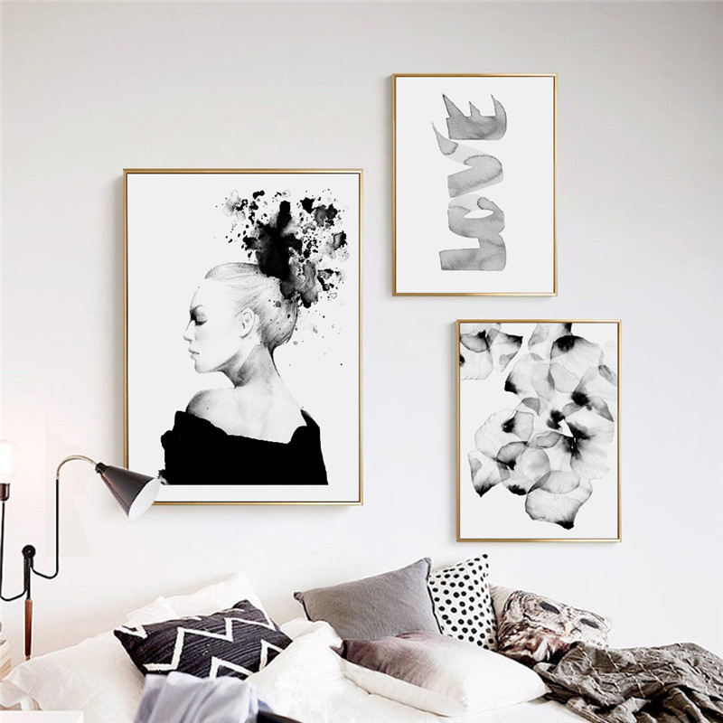 Decoracion Watercolor Love Black And White Abstract Flower Posters Wall Art Prints Canvas Unframed - 3