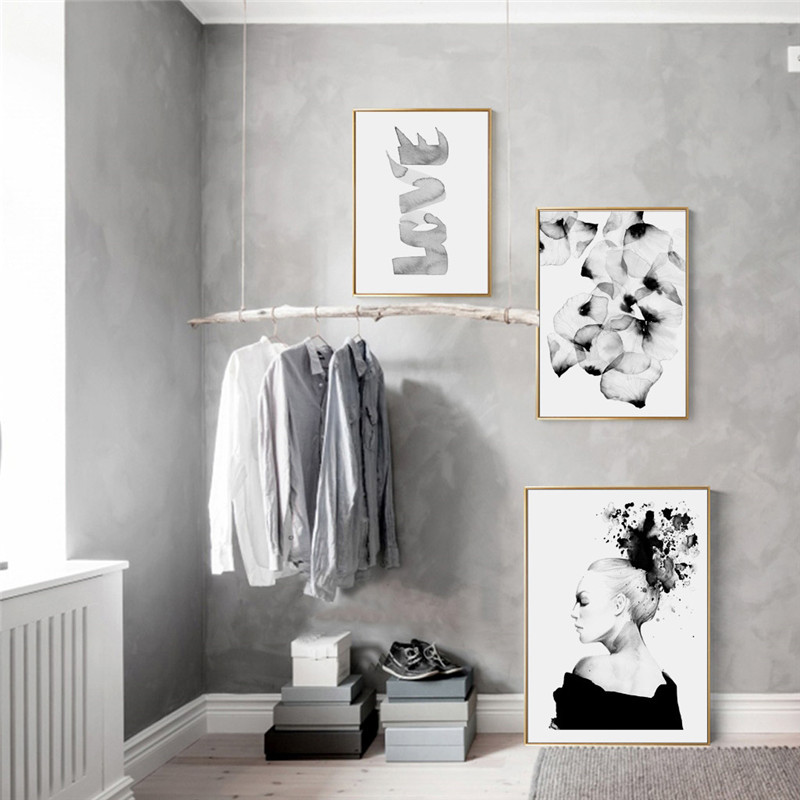 Decoracion Watercolor Love Black And White Abstract Flower Posters Wall Art Prints Canvas Unframed - 4