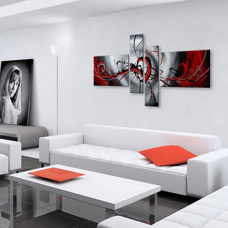 Modern Abstract Hand Painted Oil Canvas Paintings Set Red Black White Home Wall Art Decor - 3