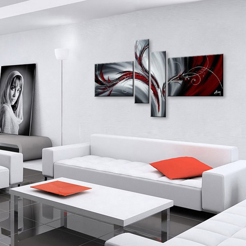 Modern Abstract Hand Painted Oil Canvas Paintings Set Red Black White Home Wall Art Decor - 11