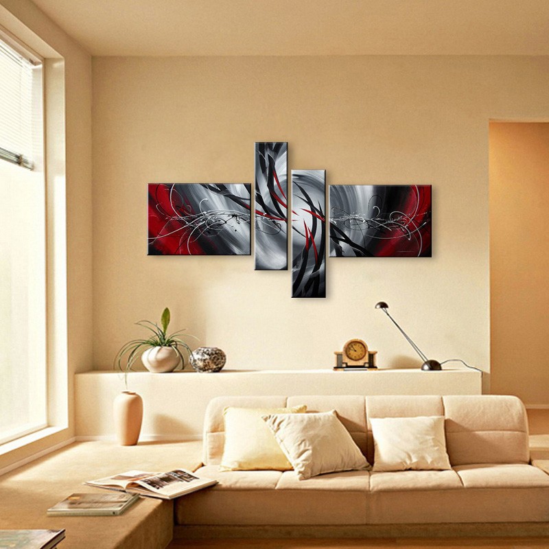 Modern Abstract Hand Painted Oil Canvas Paintings Set Red Black White Home Wall Art Decor - 25