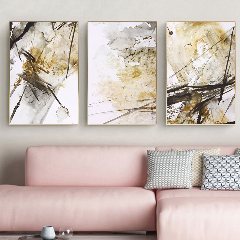 Modern Abstract Art Print Poster Yellow Gray Pink Ink Splash On A4 Canvas Wall Decor For Home - 2