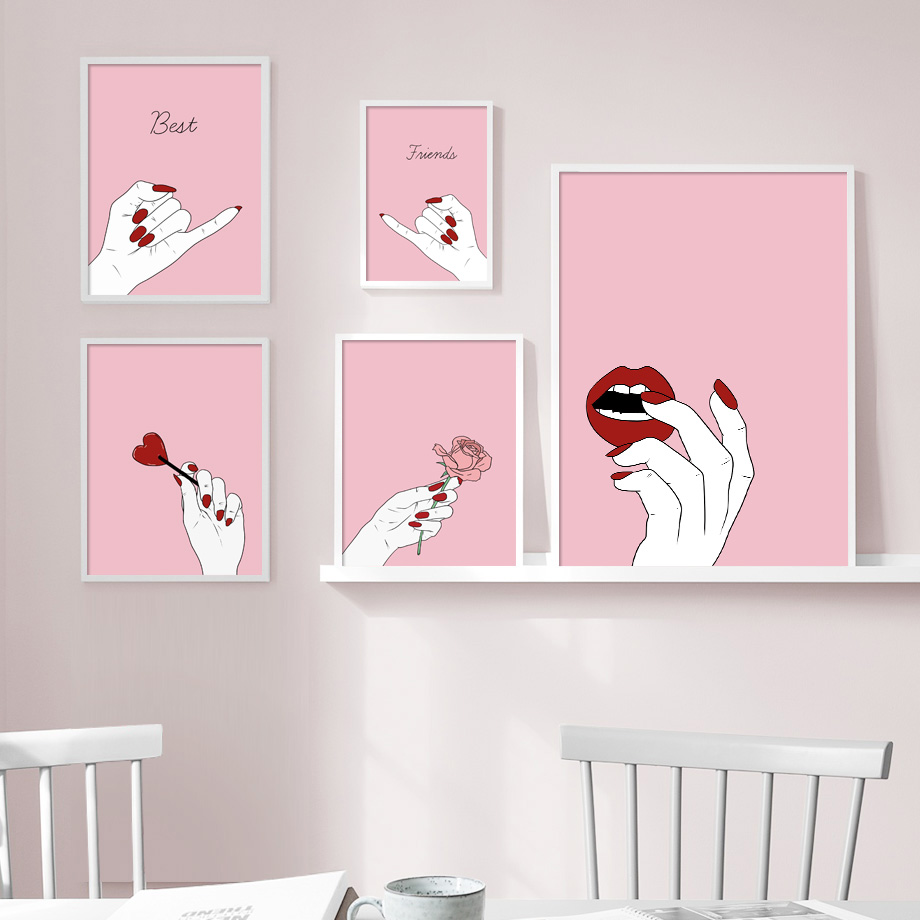 Nordic Style Abstract Pink Rose And Girl Lips Canvas Wall Art Prints For Home Decor - 1