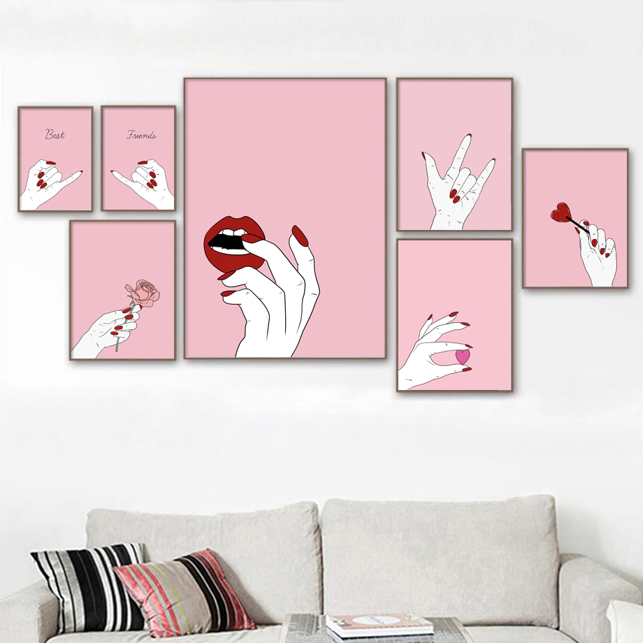 Nordic Style Abstract Pink Rose And Girl Lips Canvas Wall Art Prints For Home Decor - 2