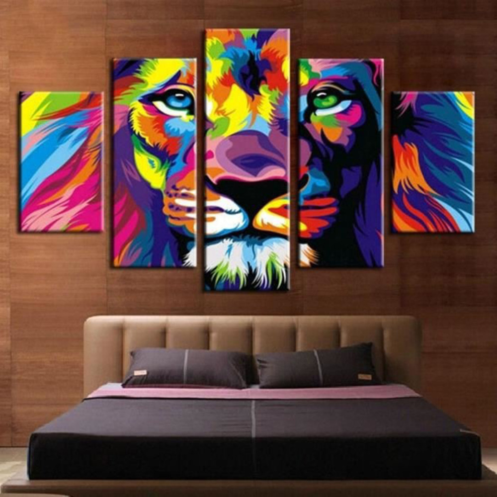 5panel Hd Modular Lion And Snow Tiger Canvas Wall Art Print For Home Decor - 9