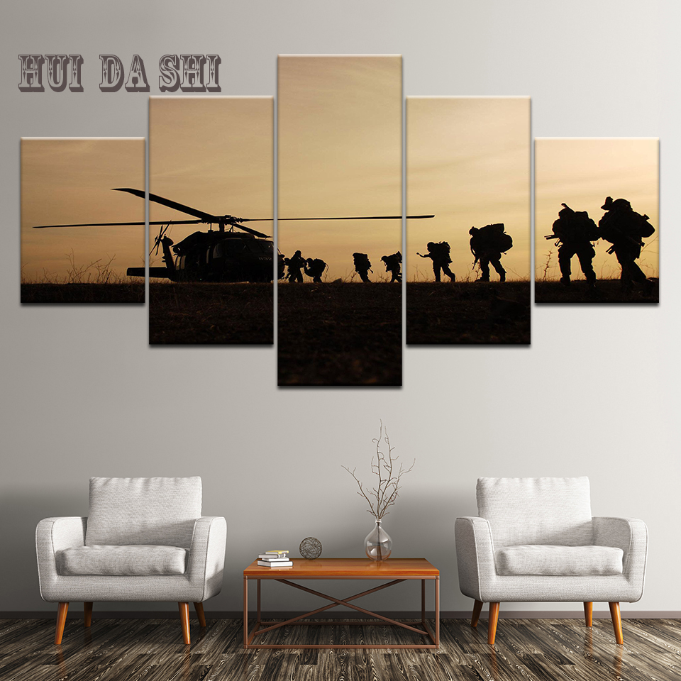 5 Panel American Soldiers Silhouette Sunset Canvas Wall Art Military Troops Landscape Poster Patriotic Frame Print Painting - 2