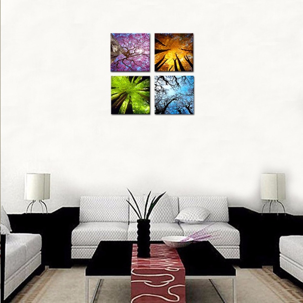 Hd Printed Poster Living Room 4 Pieces Beautiful Colorful Four Seasons Tree Paintings Wall Art Modular Pictures Canvas - 2