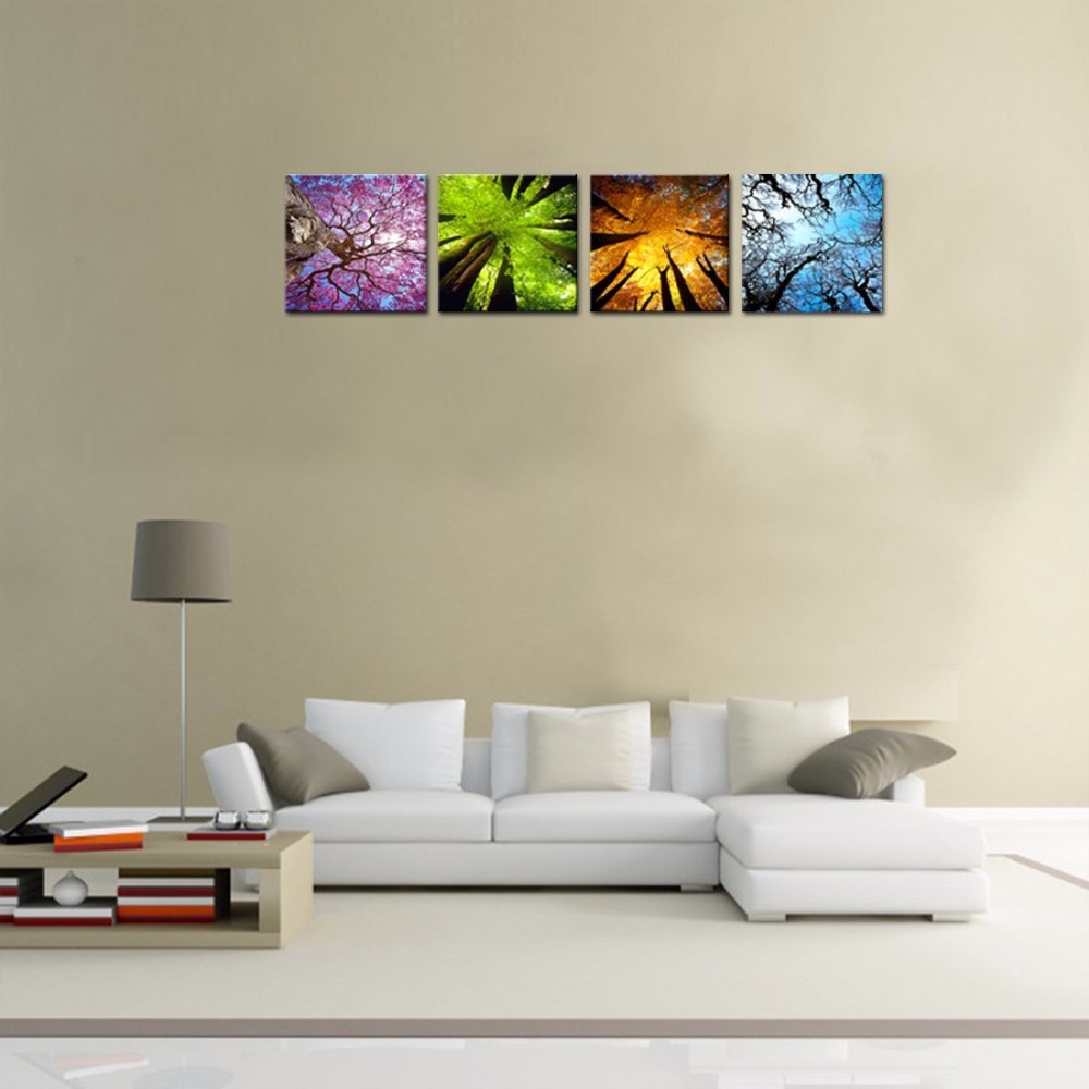 Hd Printed Poster Living Room 4 Pieces Beautiful Colorful Four Seasons Tree Paintings Wall Art Modular Pictures Canvas - 3