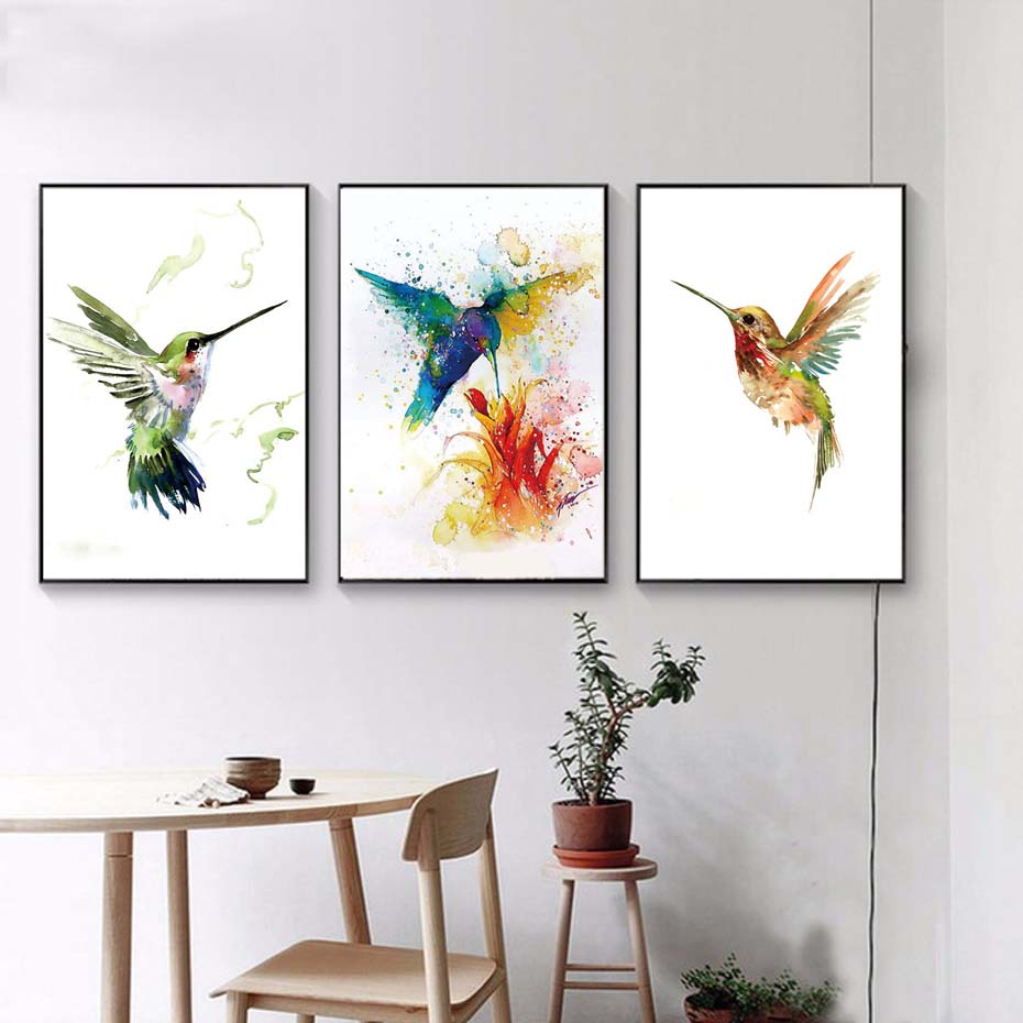 Colorful Abstract Hummingbird Wall Art Canvas Painting Watercolor Prints Home Decor Pictures Living Room - 4