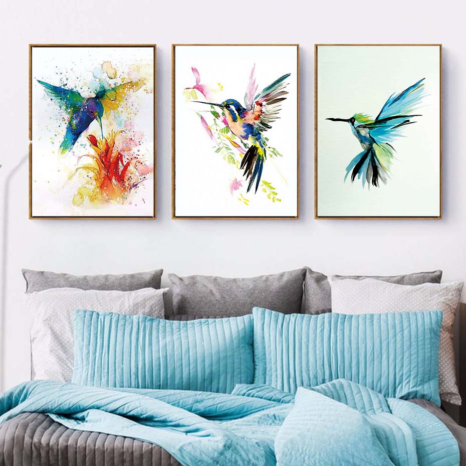 Colorful Abstract Hummingbird Wall Art Canvas Painting Watercolor Prints Home Decor Pictures Living Room - 5