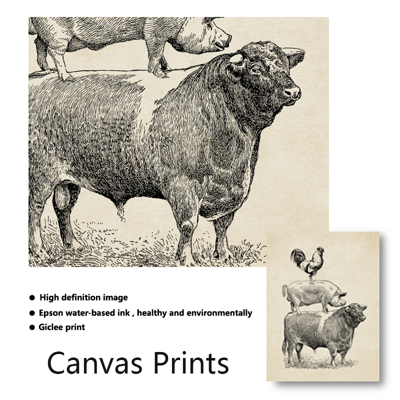 Farm Cow Pig Vintage Poster Kitchen Decor French Country Farmhouse Retro Wall Art Picture Canvas Painting Prints - 2