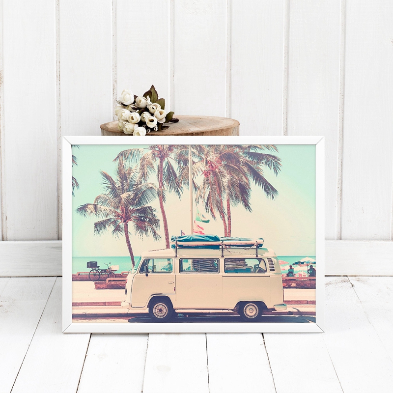 Camper Van Bus Photo Print Travel Poster Boho Decor Vintage Beach Palm Tree Seascape Picture Wall Art Canvas Painting - 3