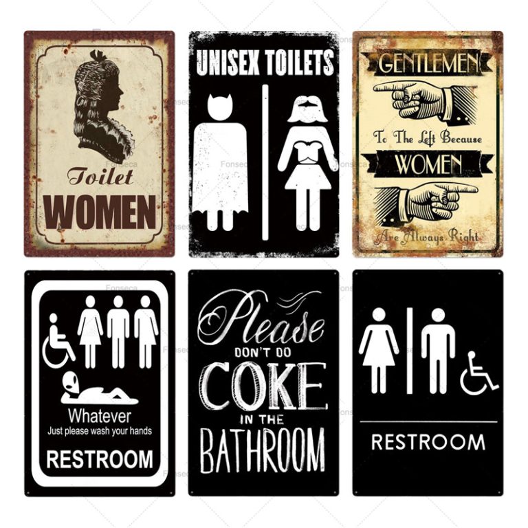 Vintage Metal Bathroom Sign Plaque Rustic Restroom Wall Decor Tin