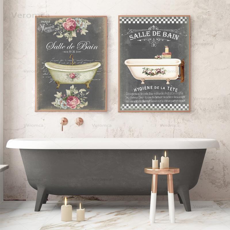 French Bathroom Decoration Paintings Print Vintage Posters Salle De Bain Le Chalkboard Shabby Fine Wall Art Canvas Pictures - 2