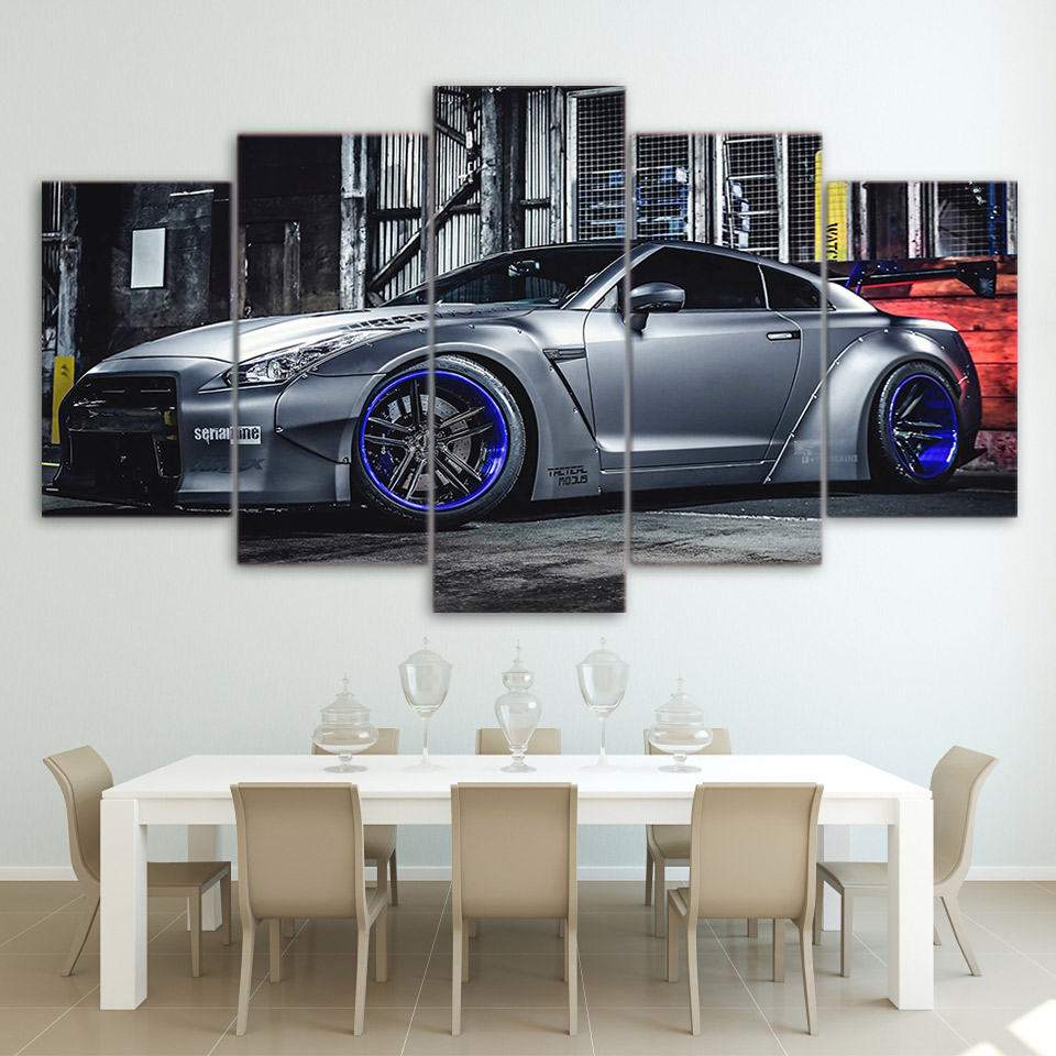 5piece Hd Printed Nissan Gtr R35 Sports Car Canvas Wall Art Modular Framed Pictures For Living Room Decor - 2