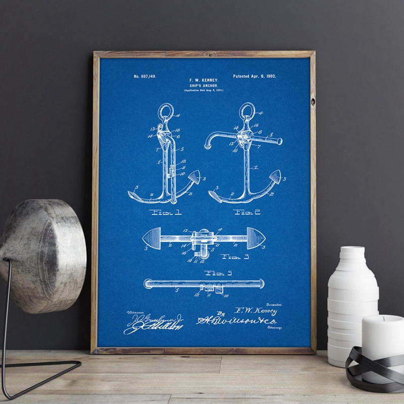 Boat Anchor Patent Nautical Wall Art Canvas Painting Sailing Posters Home Room Decor Vintage Blueprint Prints Picture Gift Idea - 2