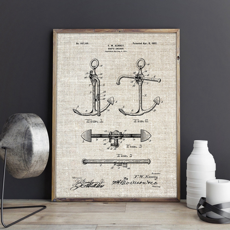 Boat Anchor Patent Nautical Wall Art Canvas Painting Sailing Posters Home Room Decor Vintage Blueprint Prints Picture Gift Idea - 4