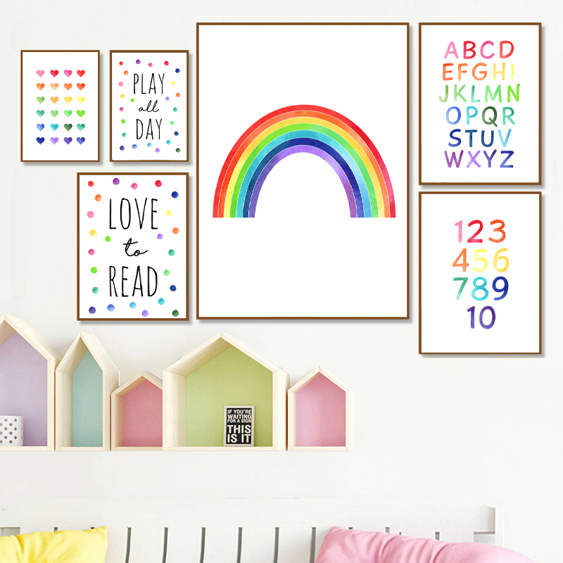 Watercolor Rainbow Alphabet Paintings Playroom Decor Educational Poster Kids Wall Art Canvas Prints Neutral Nursery Decoration - 6
