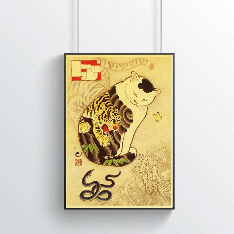 Japanese Samurai Cat Tattoo Retro Poster Vintage Wall Art Printed Painting Living Room Bedroom Decor Stickers - 3