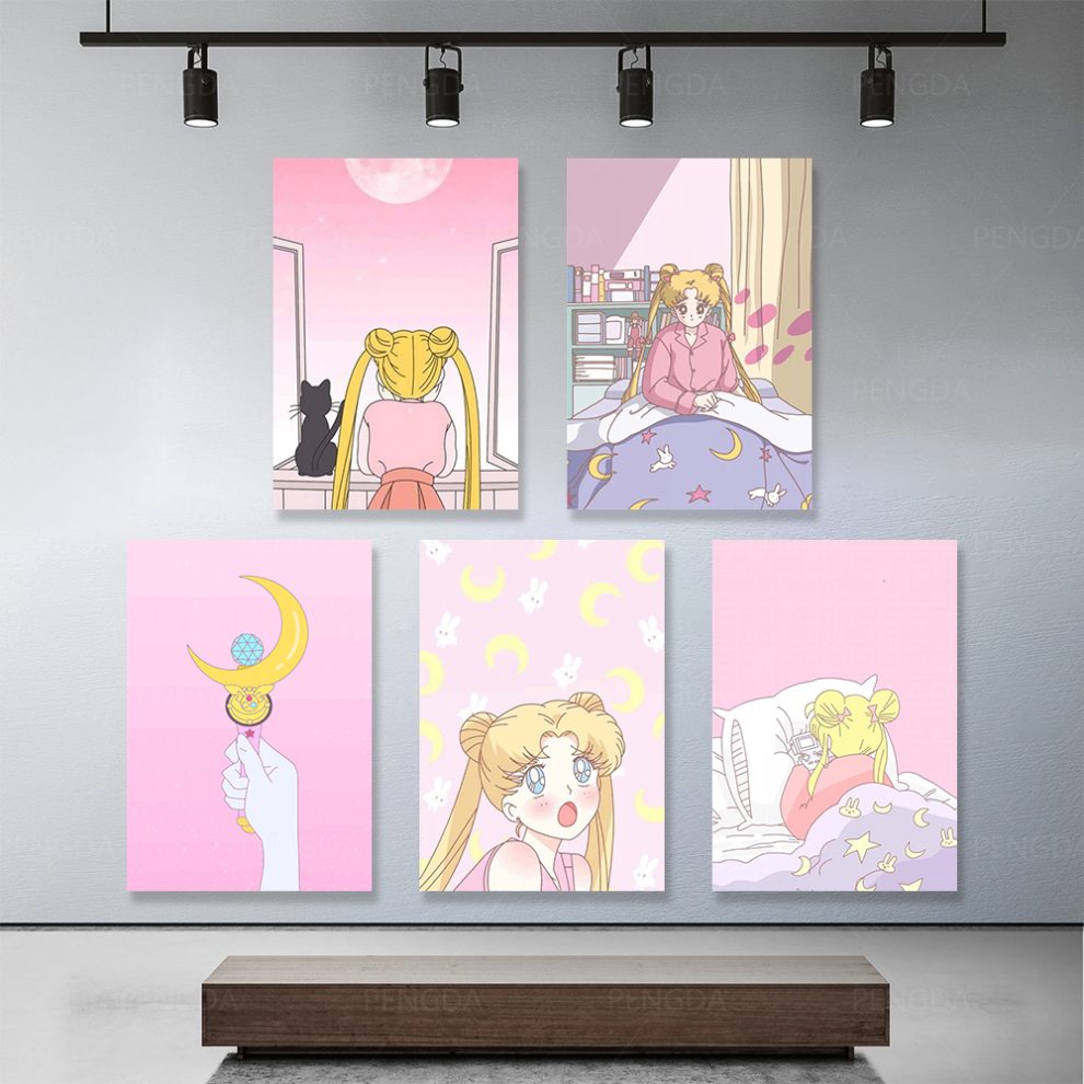 Sailor Moon Canvas Painting Modern Pink Animation Wall Art For Home