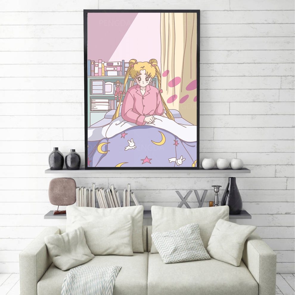 Sailor Moon Canvas Painting Modern Pink Animation Wall Art For Home