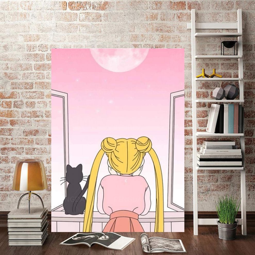 Sailor Moon Canvas Painting Modern Pink Animation Wall Art For Home
