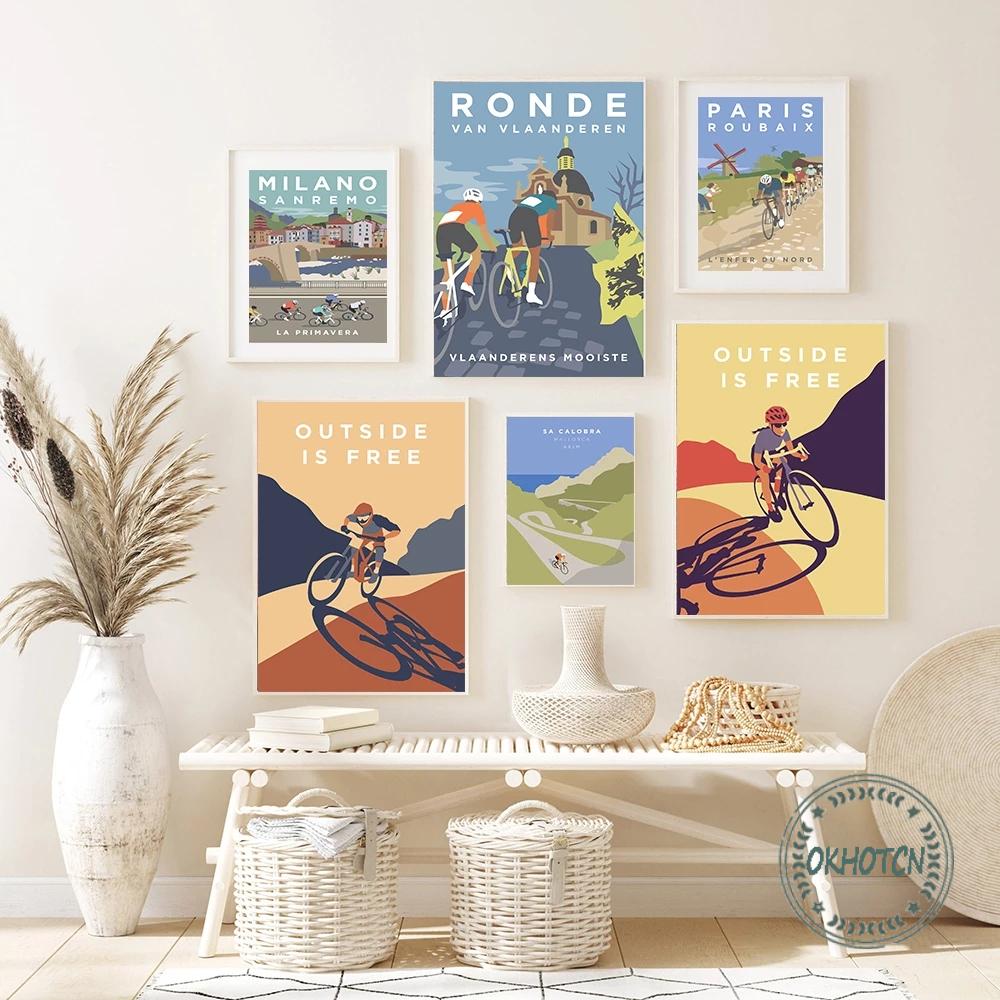 Sports Bike Cycling Canvas Painting Vintage Tour Landscape Paris Cyclist Poster Wall Art Print Pictures Home Decoration - 3