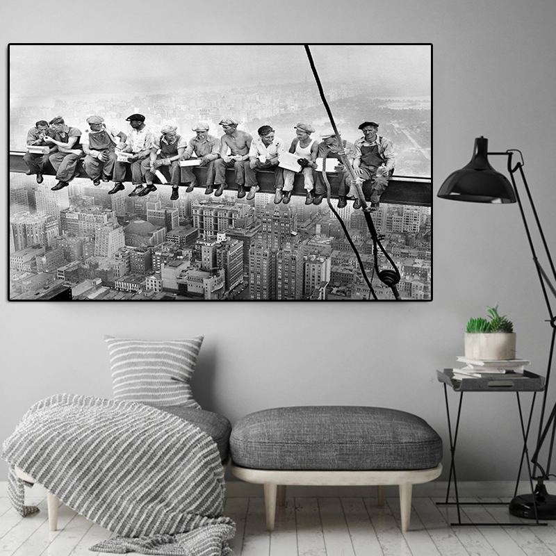 Vintage Canvas Painting Modern Home Decoration York City View Lunch On A Skyscraper Wall Art Picture Black And White Poster - 2