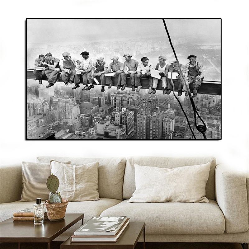 Vintage Canvas Painting Modern Home Decoration York City View Lunch On A Skyscraper Wall Art Picture Black And White Poster - 3