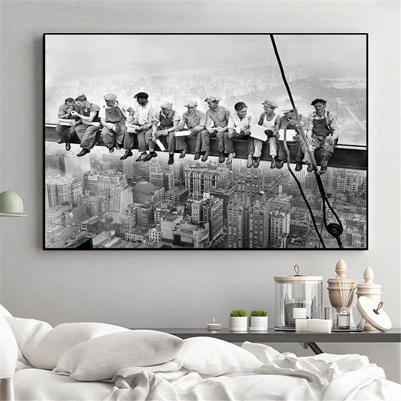 Vintage Canvas Painting Modern Home Decoration York City View Lunch On A Skyscraper Wall Art Picture Black And White Poster - 4